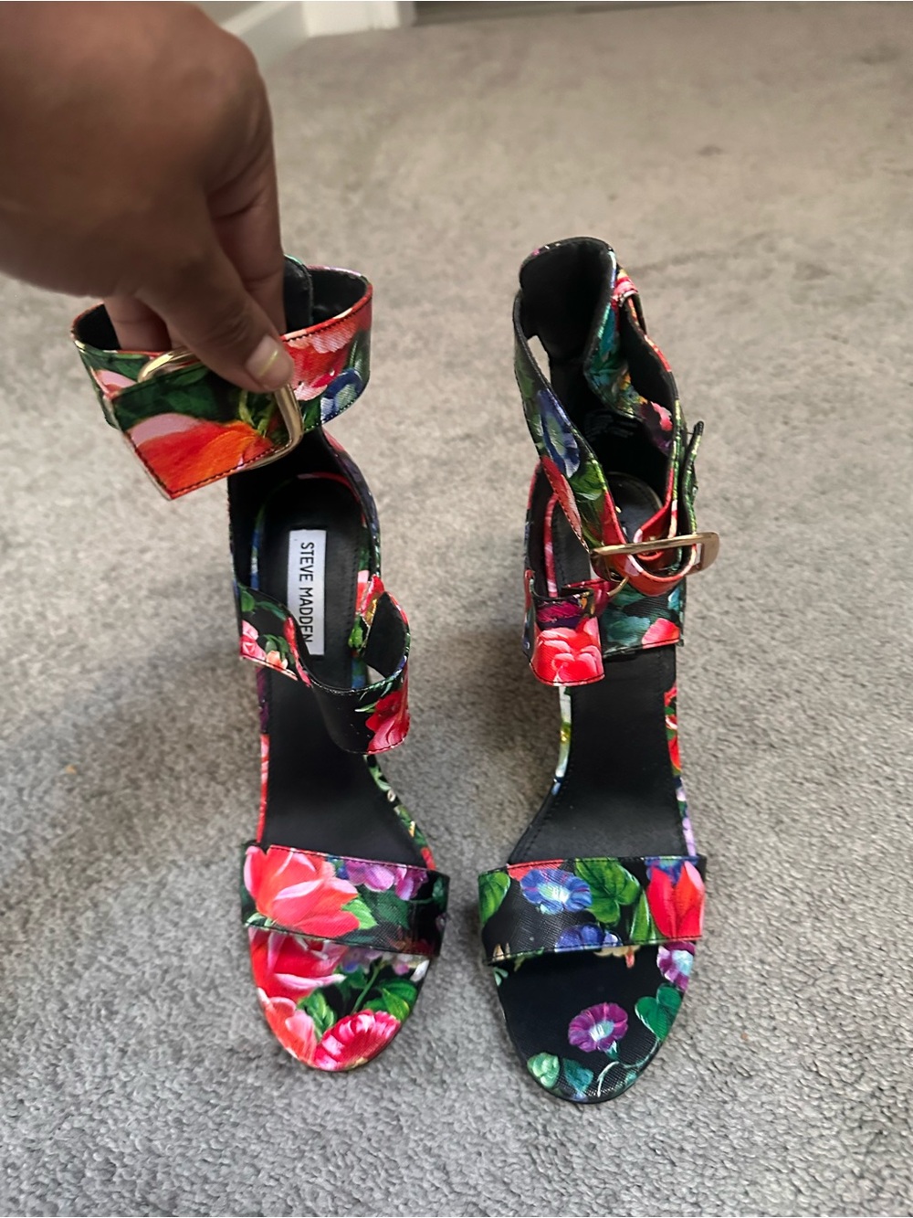 Steve Madden Floral Ankle-Strap Heels - Black with Red, Green, Blue Accents - Picture 2 of 10
